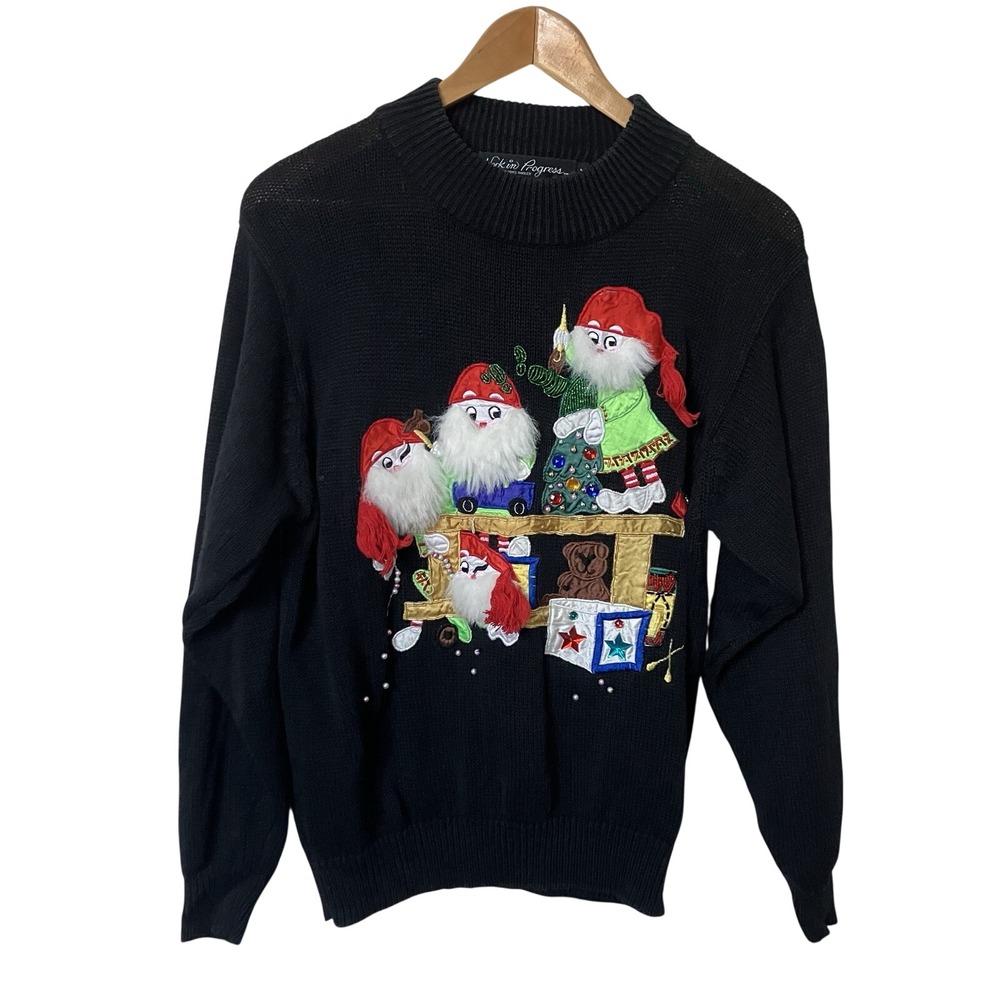 Work in Progress Gladys Bagley Vintage Christmas Sweater Black Gnome 3D Medium